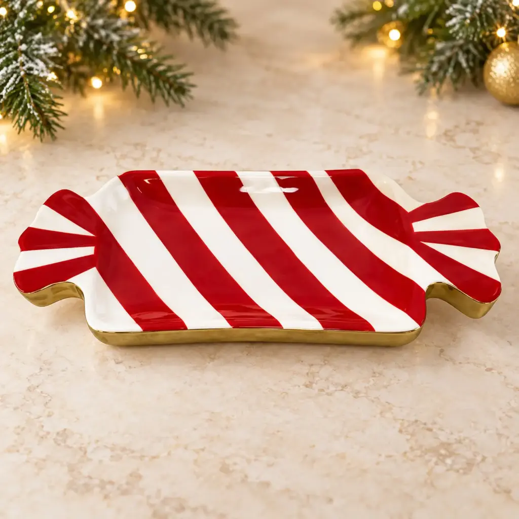 360 HOME WOODEN CANDY-SHAPED PLATTER RED & WHITE STRIPES GOLD-TONE BORDER