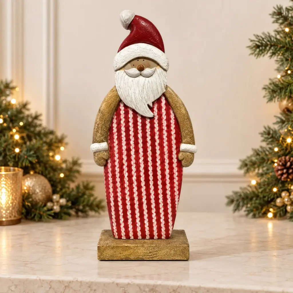 360 HOME WOODEN SANTA RED & WHITE STRIPES WHITE BEARD RED HAT GOLD-TONE ACCENTS ON RECTANGULAR BASE