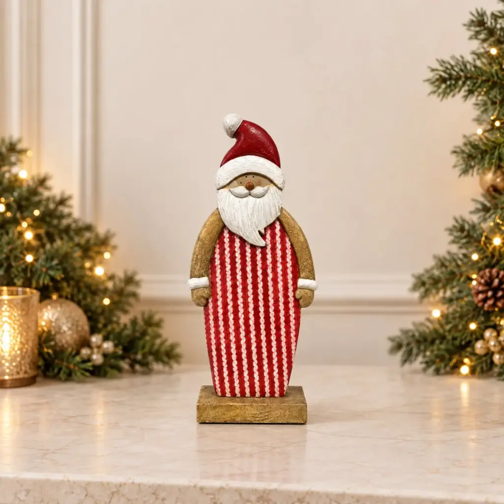 361 HOME WOODEN SANTA RED & WHITE STRIPES WHITE BEARD RED HAT GOLD-TONE ACCENTS ON RECTANGULAR BASE