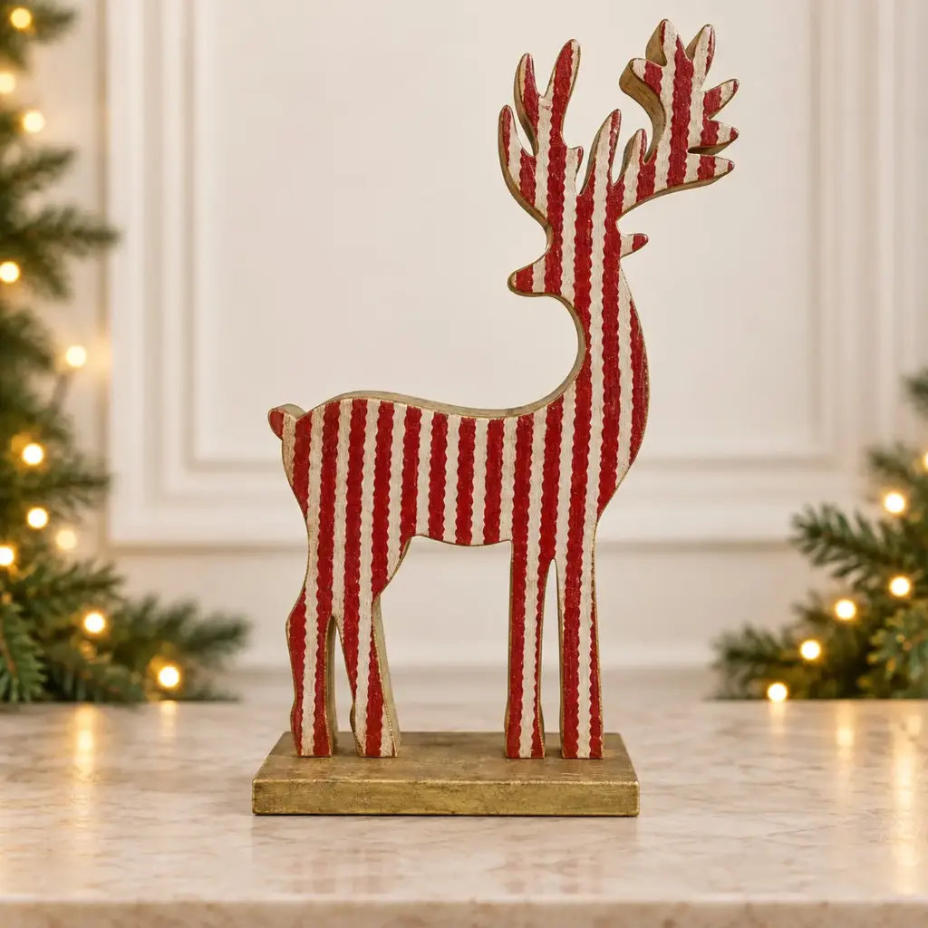 360 HOME WOODEN REINDEER RED & WHITE STRIPES ON RECTANGULAR BASE