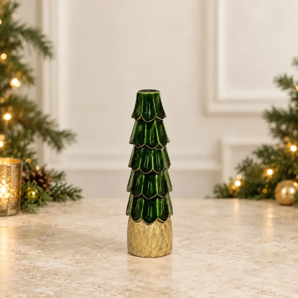 360 HOME WOODEN TREE CANDLE HOLDER EMERALD GREEN GLOSSY WOOD-EFFECT BASE