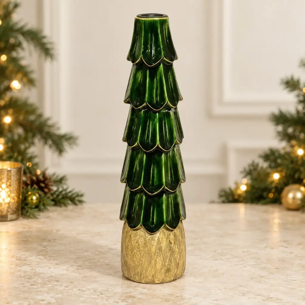 361 HOME WOODEN TREE CANDLE HOLDER EMERALD GREEN GLOSSY WOOD-EFFECT BASE