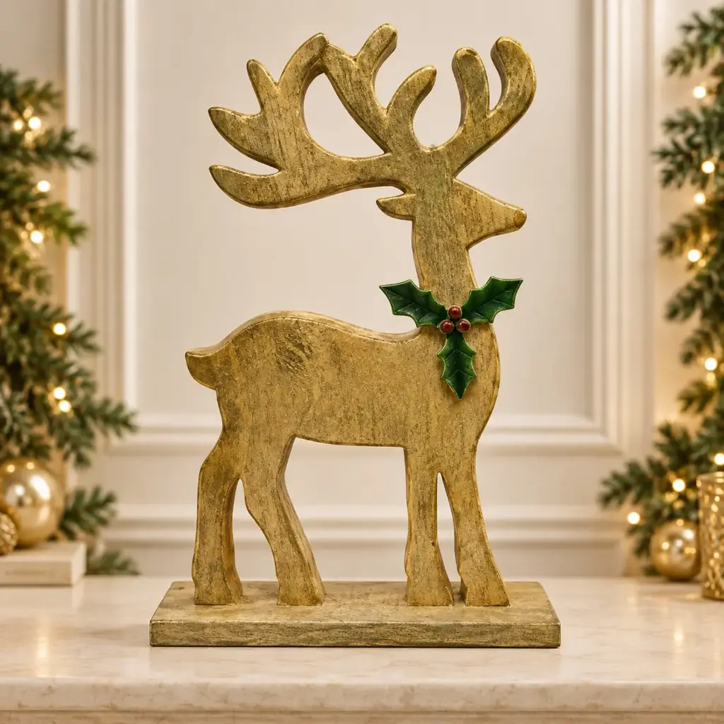 360 HOME WOODEN REINDEER GOLD-TONE WITH GREEN HOLLY LEAF & RED BERRIES AROUND THE NECK ON RECTANGULAR BASE
