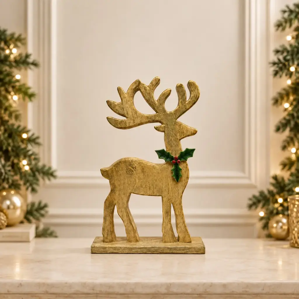 361 HOME WOODEN REINDEER GOLD-TONE WITH GREEN HOLLY LEAF & RED BERRIES AROUND THE NECK ON RECTANGULAR BASE