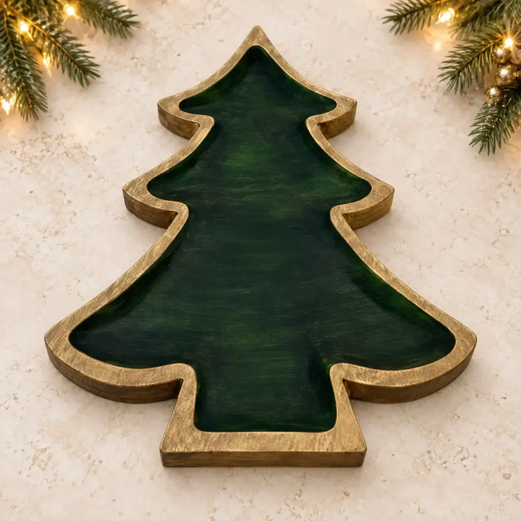 360 HOME WOODEN TREE PLATTER DARK GREEN WITH NATURAL WOOD-TONE EDGE & BASE