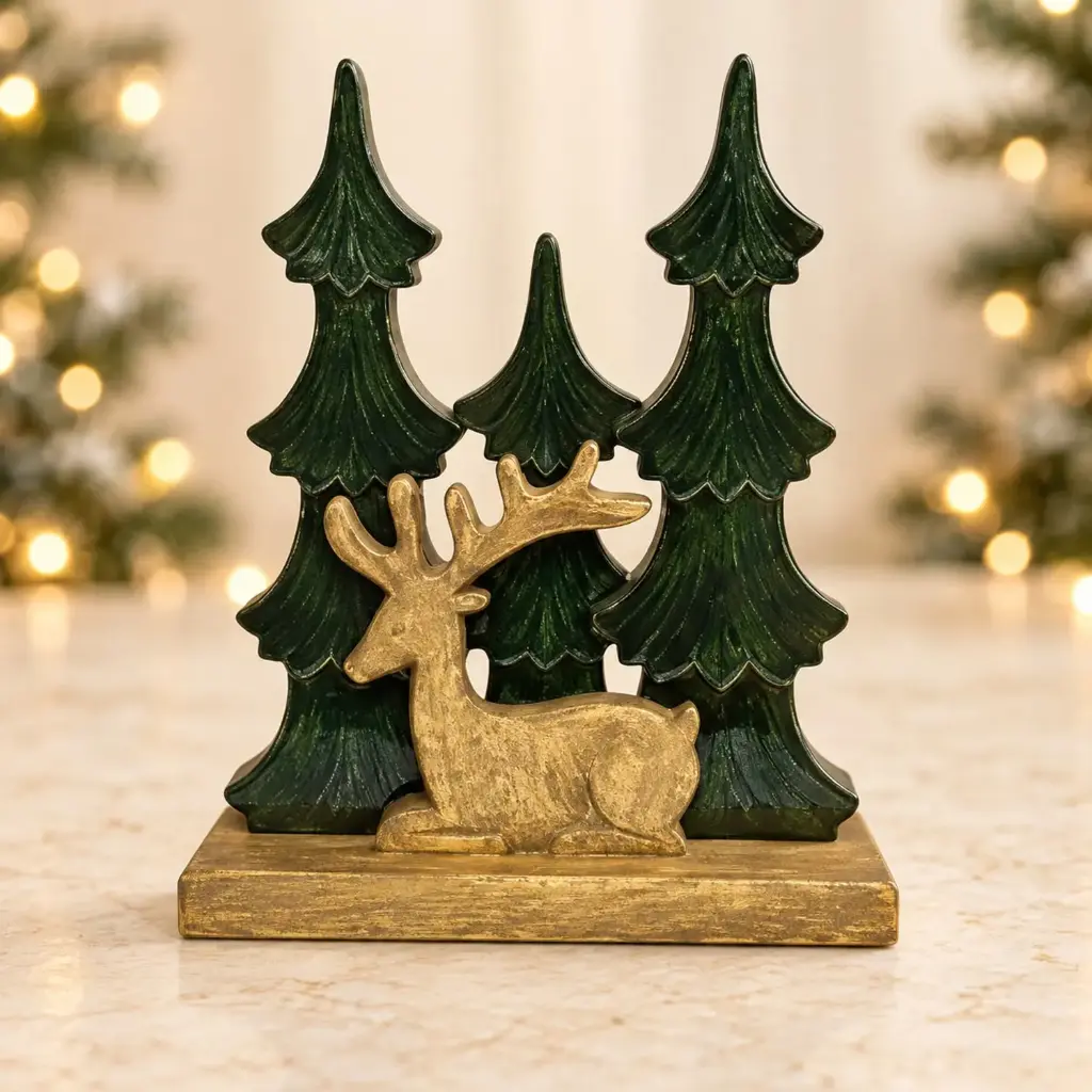 360 HOME WOODEN TREE DARK GREEN LAYERED WITH GOLD-TONE REINDEER ON RECTANGULAR WOOD-EFFECT BASE