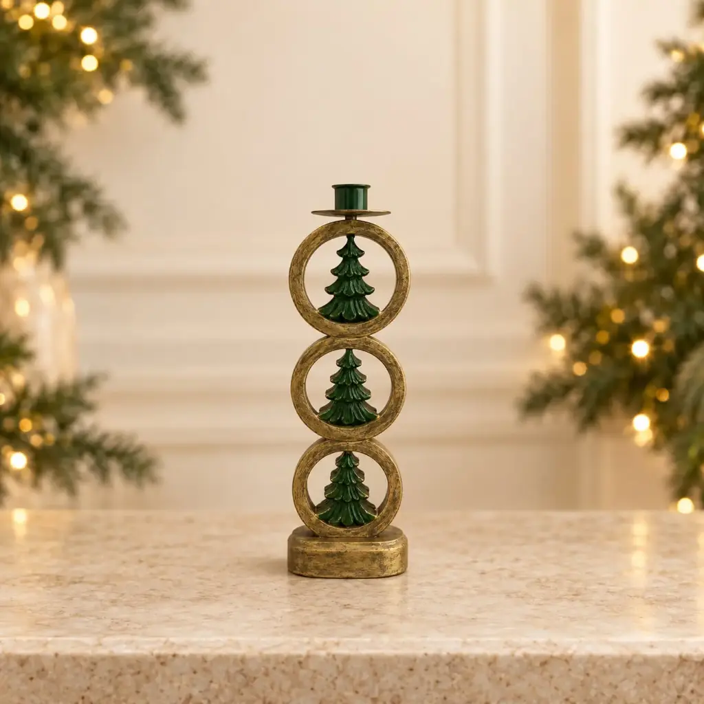 360 HOME WOODEN CANDLE STAND THREE STACKED CIRCULAR RINGS GOLD-TONE &DARK GREEN TREE INSIDE ON GOLD-TONE BASE