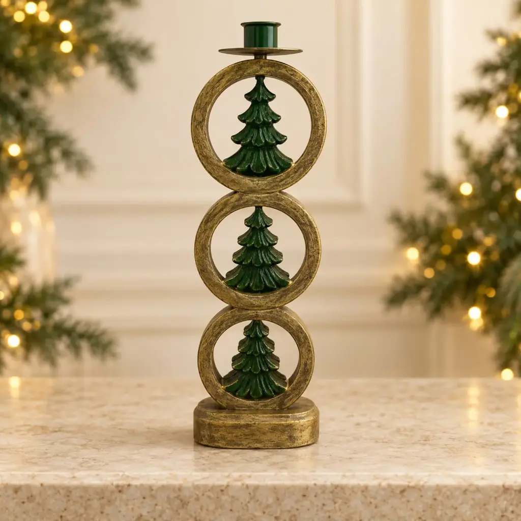 361 HOME WOODEN CANDLE STAND THREE STACKED CIRCULAR RINGS GOLD-TONE &DARK GREEN TREE INSIDE ON GOLD-TONE BASE