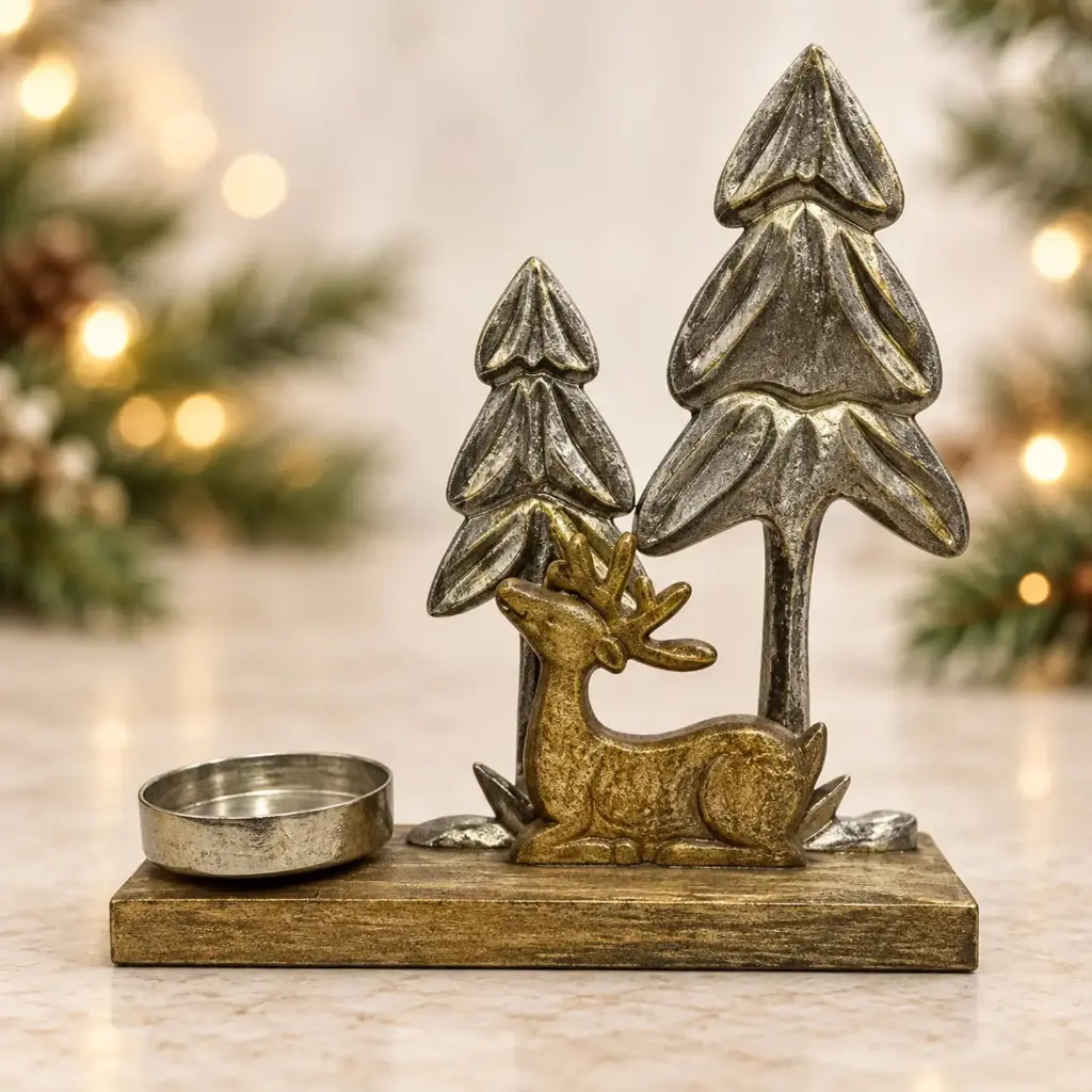360 HOME WOODEN REINDEER GOLD-TONE WITH METAL LAYERED PINE TREE GREEN ROUND TEALIGHT HOLDER ON RECTANGULAR BASE