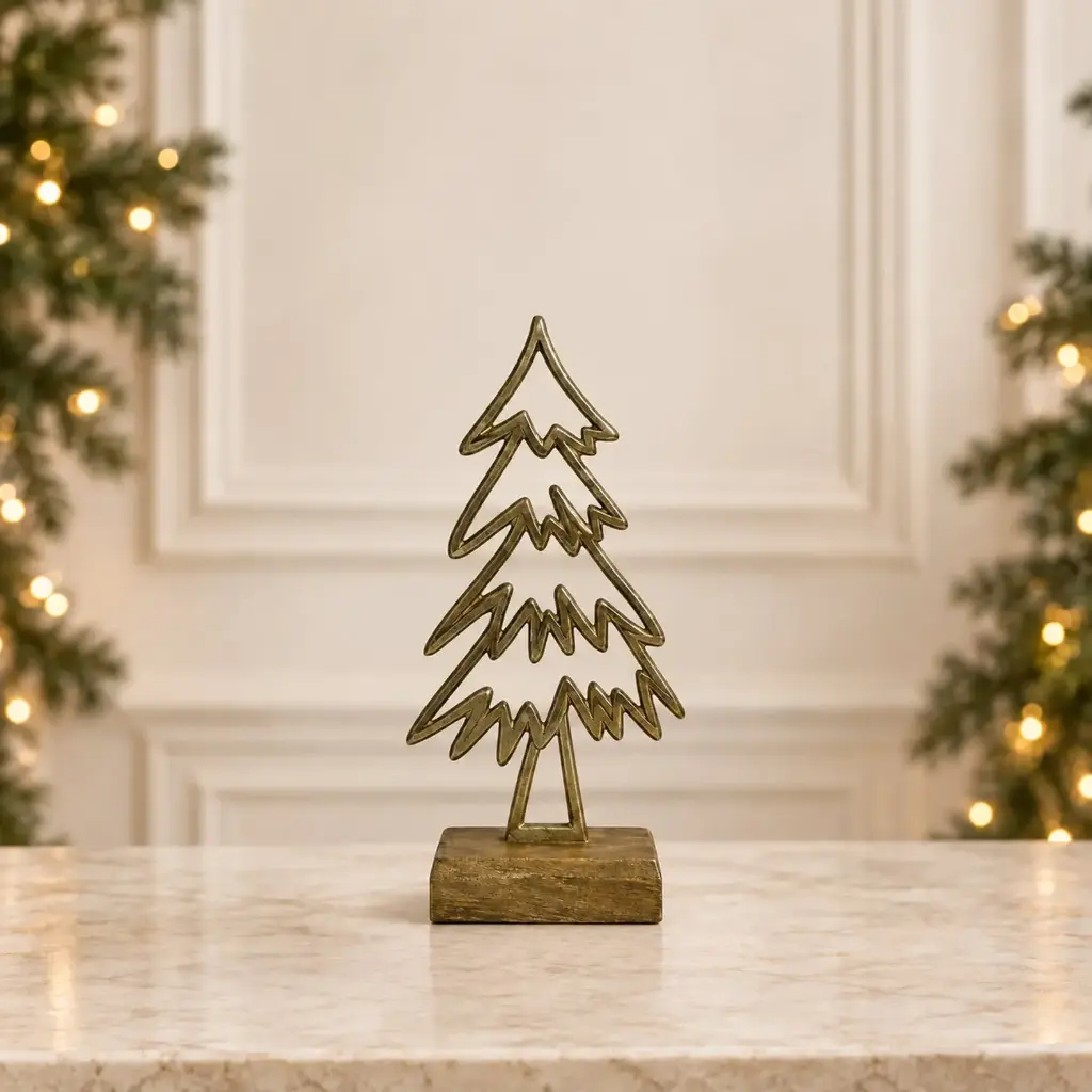 360 HOME METAL TREE GOLD-TONE ZIG-ZAG SHAPED BRANCHES ON RECTANGULAR WOODEN BASE