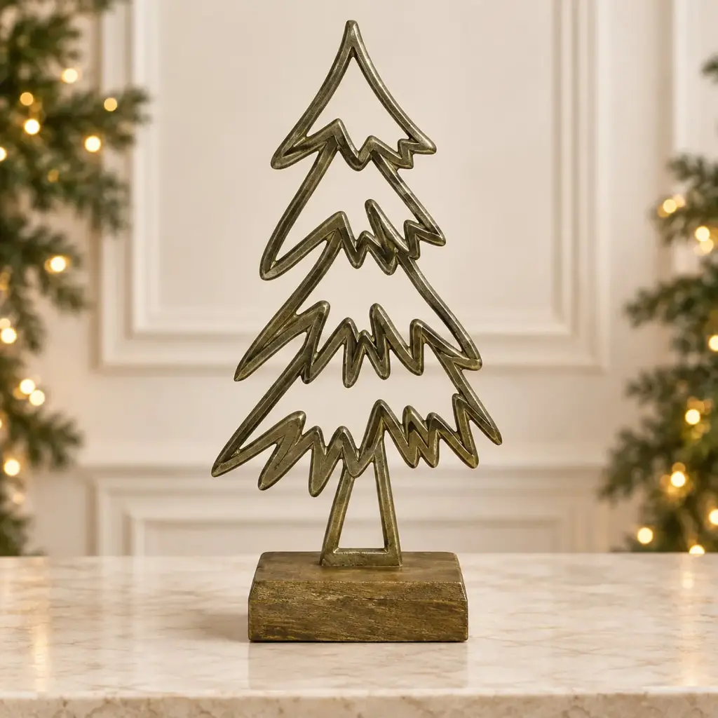 361 HOME METAL TREE GOLD-TONE ZIG-ZAG SHAPED BRANCHES ON RECTANGULAR WOODEN BASE