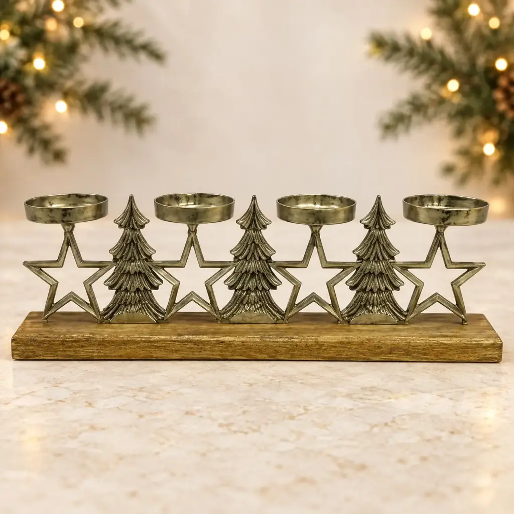 360 HOME METAL CANDLEHOLDER TREE AND STAR  ANTIQUE BRONZE-TONE FINISH ON WOOD-EFFECT RECTANGULAR BASE