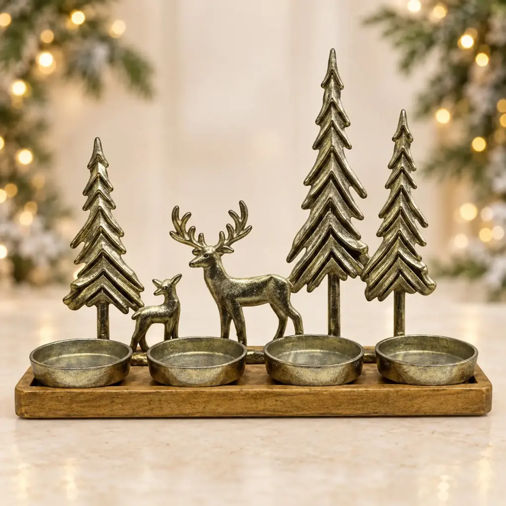 360 HOME METAL CANDLEHOLDER REINDEER AND TREE  ANTIQUE BRONZE-TONE FINISH ON WOOD-EFFECT RECTANGULAR BASE