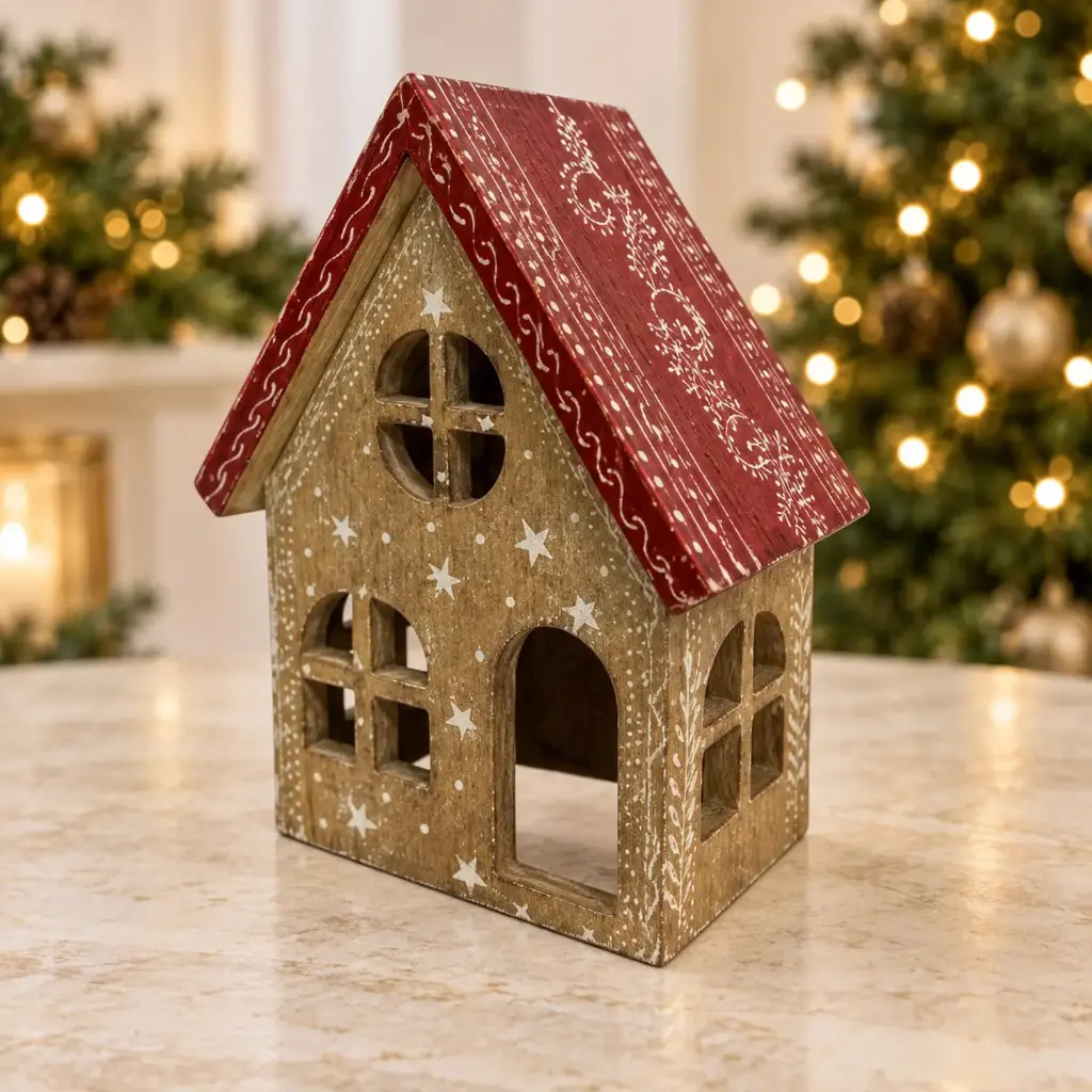 360 HOME WOODEN GINGERBREAD HOUSE COTTAGE SHAPE DEEP RED PATTERNED ROOF ICING BORDERS