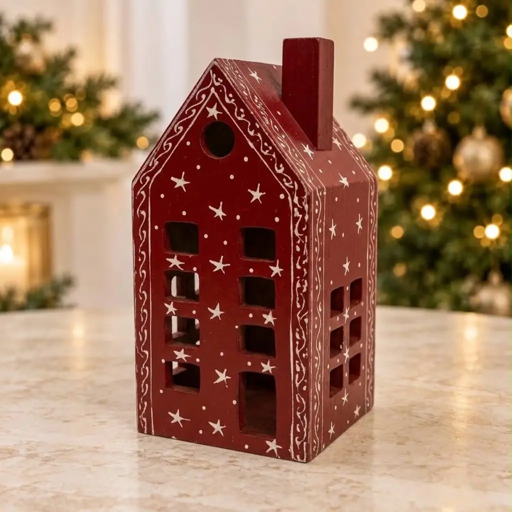 360 HOME WOODEN GINGERBREAD HOUSE DEEP RED WITH WHITE ICING PATTERNS CUT-OUT WINDOWS