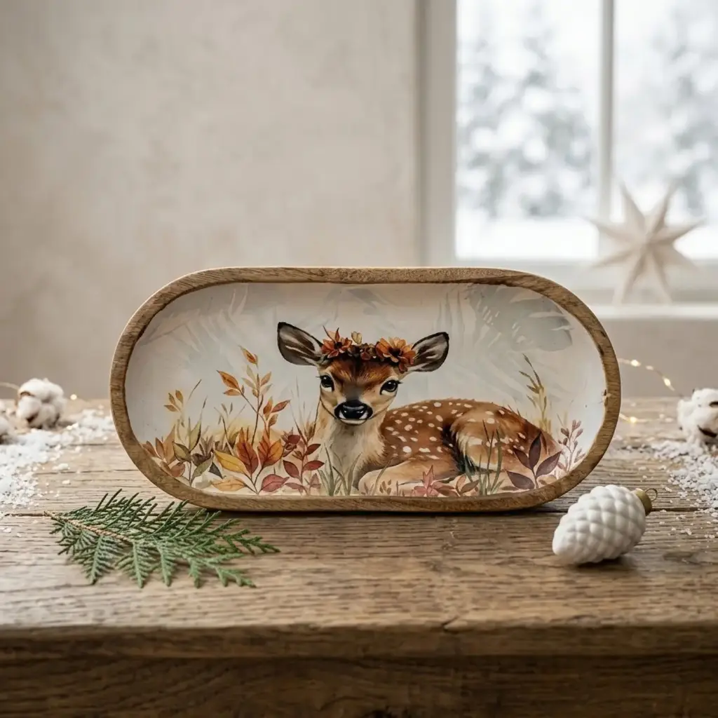 360 HOME WOODEN TRAY OVAL CREAM & BEIGE WITH GOLD-TONE BORDER RESTING REINDEER BOTANICAL WOODLAND MOTIFS