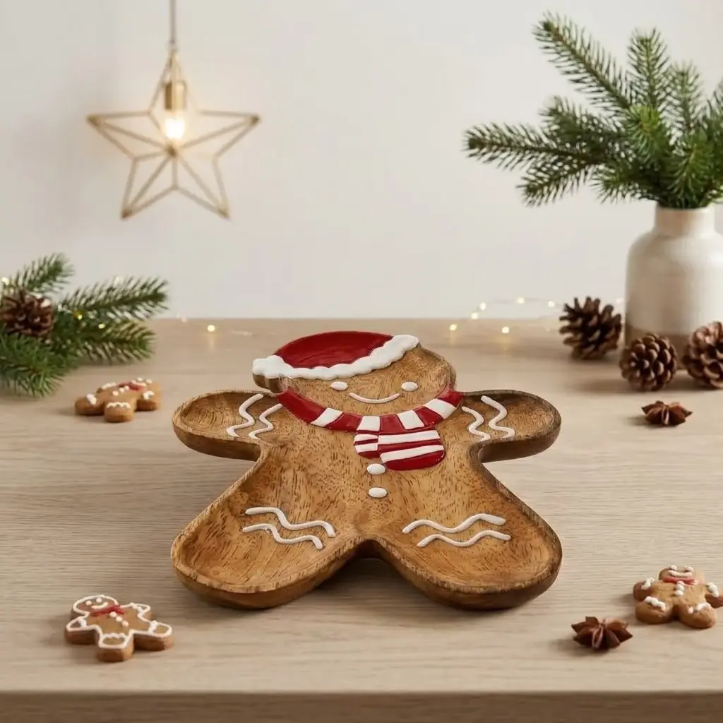 360 HOME WOODEN GINGERBREAD PLATTER GOLD-BROWN BAKED FINISH ITH RED & WHITE STRIPED SCARF
