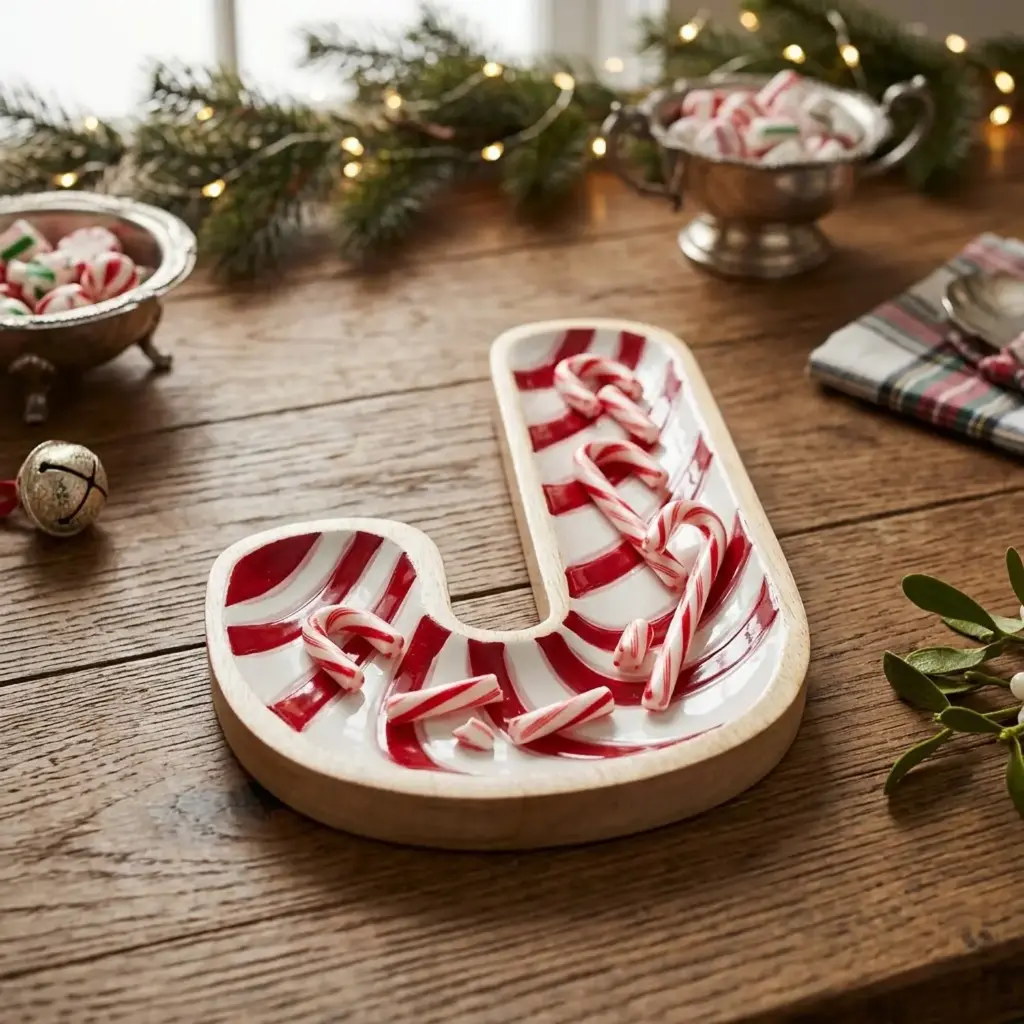 360 HOME WOODEN CANDY CANE PLATTER RED & WHITE STRIPED GLOSSY FINISH GOLD-TONE BORDER