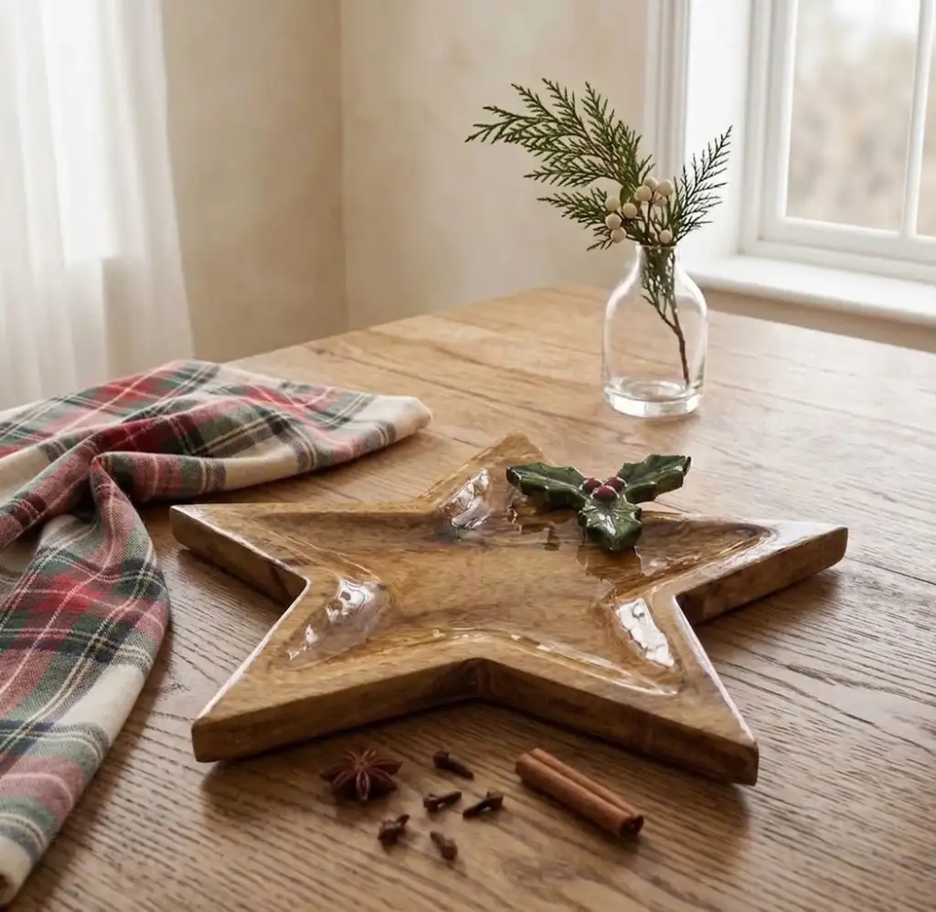 360 HOME WOODEN STAR PLATTER GOLD-BROWN RUSTIC WITH GREEN HOLLY LEAF & RED BERRIES