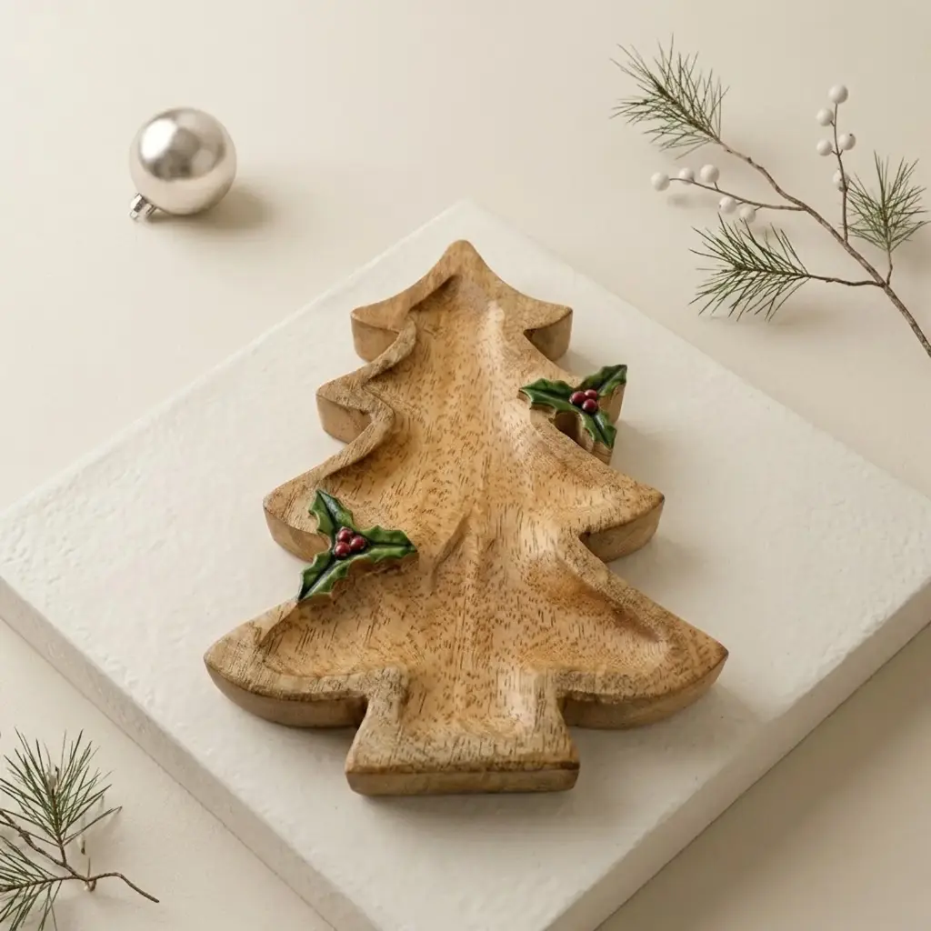 360 HOME WOODEN TREE PLATTER GOLD-BROWN LAYERED CURVED BRANCHES WOOD-LIKE WITH GREEN HOLLY & RED BERRIES