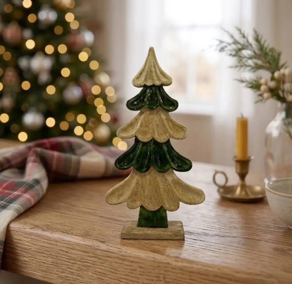 360 HOME WOODEN TREE TIERED CURVED FOLIAGE ANTIQUE GOLD & DEEP GREEN LAYERS POINTED GOLD TOP ON RECTANGULAR BASE