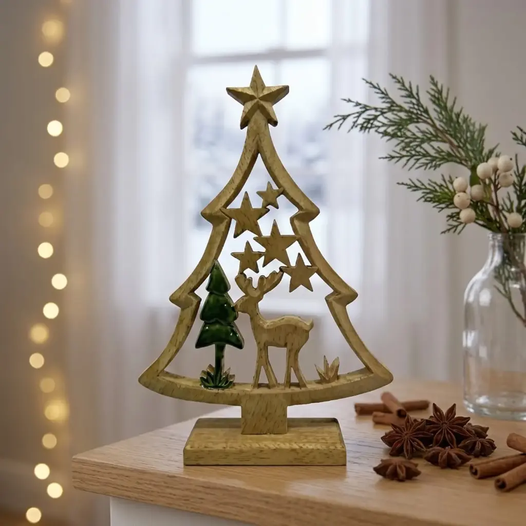 360 HOME WOODEN TREE GOLD-TONE OPEN WITH LARGE STAR TOPPER REINDEER SCENE AND SMALL TREES ON RECTANGULAR BASE