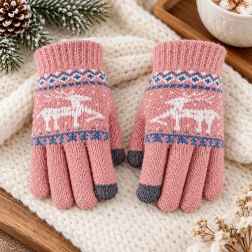 [WTGLOV3] 360 COTTON GLOVES KNITTED PINK FESTIVE PATTERN