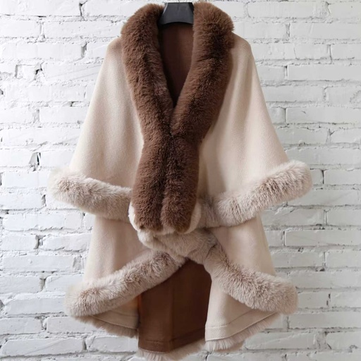 [WTRPAN-44] 360 COTTON PONCHO BEIGE/BROWN TRIMMED FLEECE