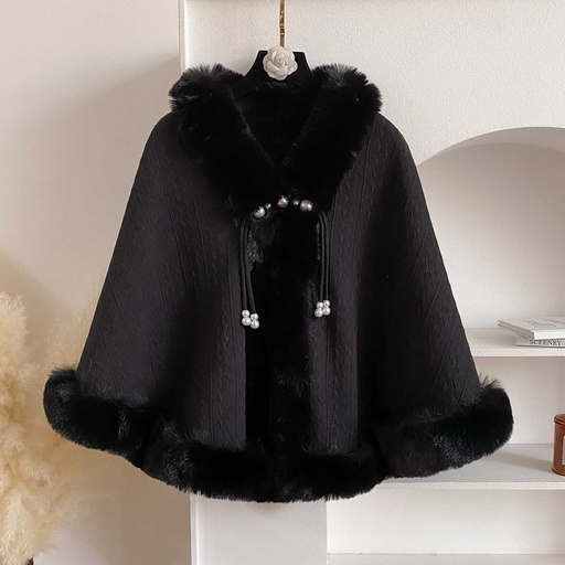 [WTRPAN-55] 360 COTTON PONCHO BLACK THICK FUR TRIM ALONG EDGE