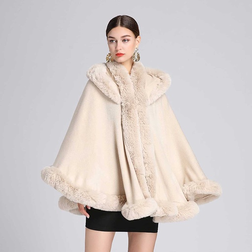 [WTRPAN-4] 360 COTTON PONCHO FAUX WOOL WITH FAUX FUR IVORY