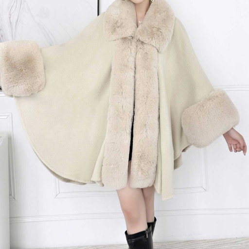 [WTRPAN-11] 360 COTTON PONCHO GREIGE WOOL BLEND WITH FAUX FUR