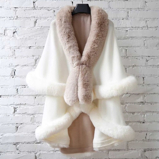 [WTRPAN-45] 360 COTTON PONCHO OFF-WHITE/GREIGE TRIMMED FLEECE