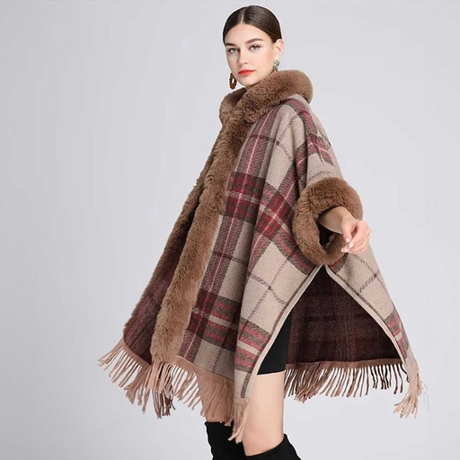[WTRPAN-12] 360 COTTON PONCHO PLAID MIXED BEIGE BROWN&BURGNDY