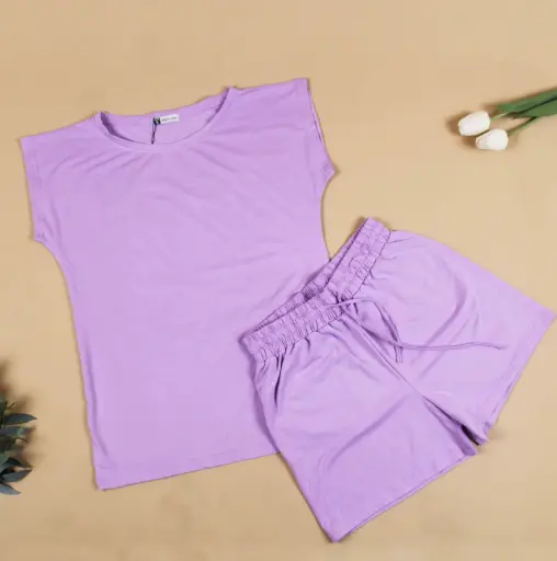 [EG-SWPP-P] 360 COTTON PYJAMA  SHORT+T-SHIRT LIGHT PURLE PLAIN