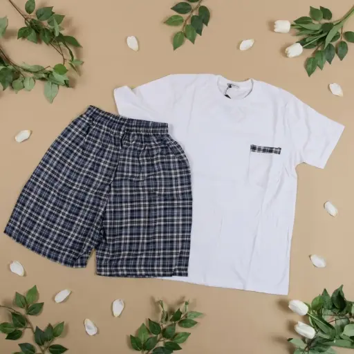 [EG-PIJ4] 360 COTTON PYJAMA MEN SUMMER  WHITE & BLUE