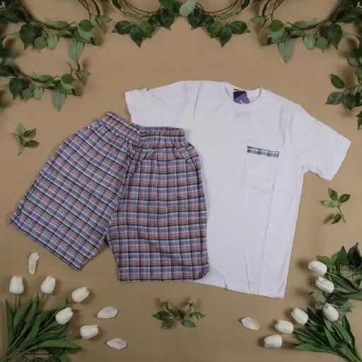 [EG-PIJ5] 360 COTTON PYJAMA MEN SUMMER  WHITE & BLUE