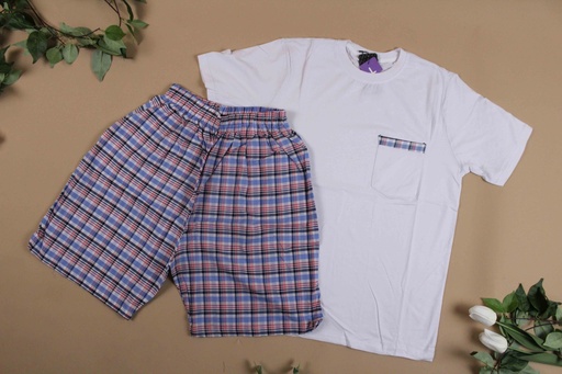 [EG-PIJ5] 360 COTTON PYJAMA MEN SUMMER  WHITE & BLUE
