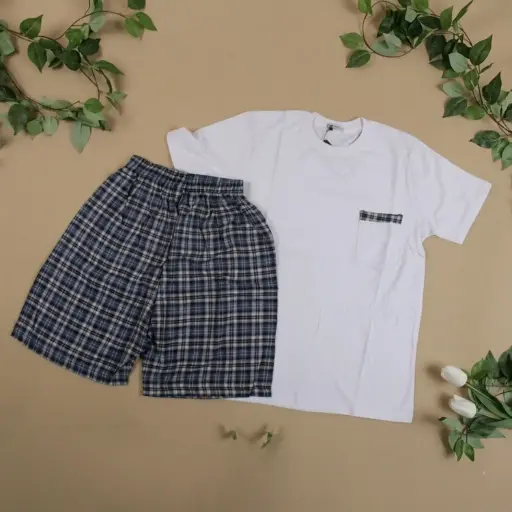 [EG-PIJ7] 360 COTTON PYJAMA MEN SUMMER  WHITE & NAVY BLUE