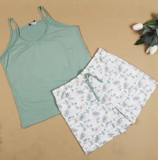 [EG-SWPJ-G] 360 COTTON PYJAMA SHORT FLORAL +TOP SLEEVLESS MINT