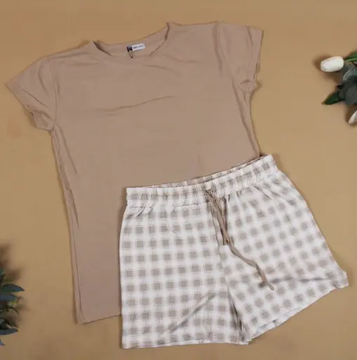 [EG-SWDP-B] 360 COTTON PYJAMA TSHIRT BEIGE +SHORT WHITE/BROWN