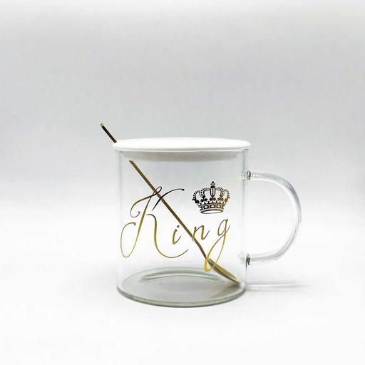 [EVMUG31] 360 HOME MUG GLASS GOLDEN KING PRINTED+LID+SPOON