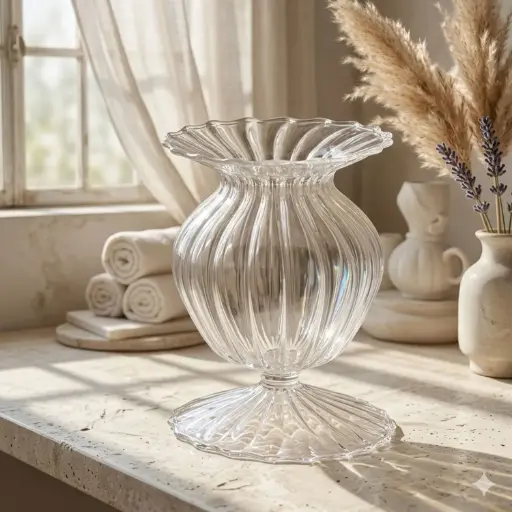 [VASE42-25] 360 HOME VASE GLASS 9*11.5CM CLEAR STRIPPED
