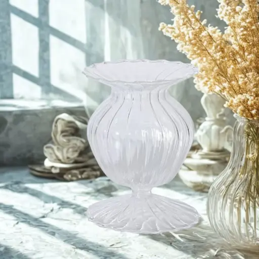 [VASE42-25] 360 HOME VASE GLASS 9*11.5CM CLEAR STRIPPED