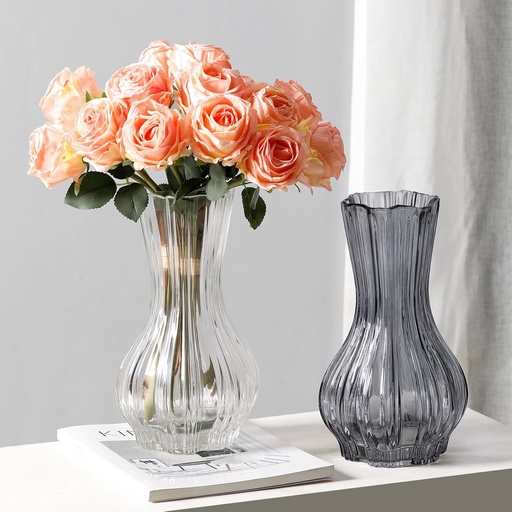 [VASE42-9] 360 HOME VASE GLASS TULIP 12*20.5 STRIPPED PATTERN