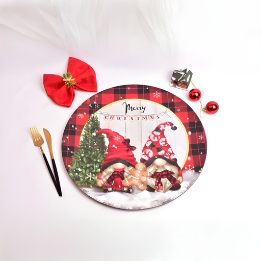[PLMA10] 360 HOME CHRISTMAS PLACEMAT ROUND METAL 40CM PLAID WITH 2 GNOMES DESIGN