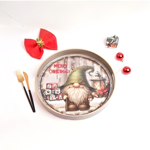 [PLMA12] 360 HOME CHRISTMAS TRAY 34.7*34.7*4CM ROUND METAL GNOME WITH GREEN HAT AND LANTERN IN HAND