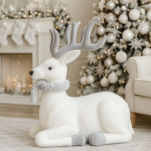 [RS1D914] 360 HOME CHRISTMAS DECORATION H:50CM REINDEER FIGURINE WHITE RESTING POSE GREY SCARF
