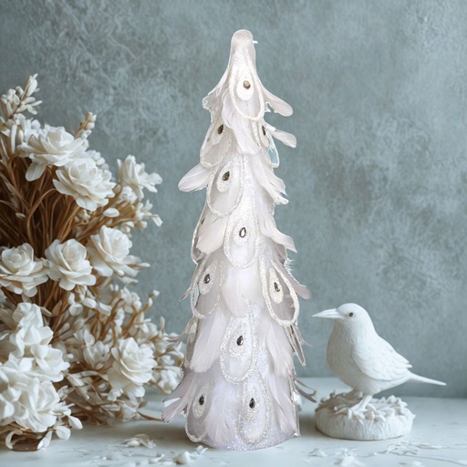 [RS1A941] 360 HOME CHRISTMAS DECORATION H:62CM TREE TALL SLENDER RUFFLES WHITE FEATHER