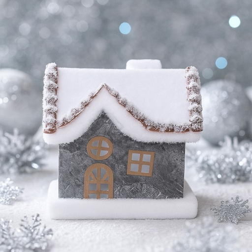 [RS1D1849-2] 360 HOME CHRISTMAS DECORATION 16X13X18CM GREY FESTIVE HOUSE WHITE GLITTER SNOW AND A FROSTED APPEARANCE
