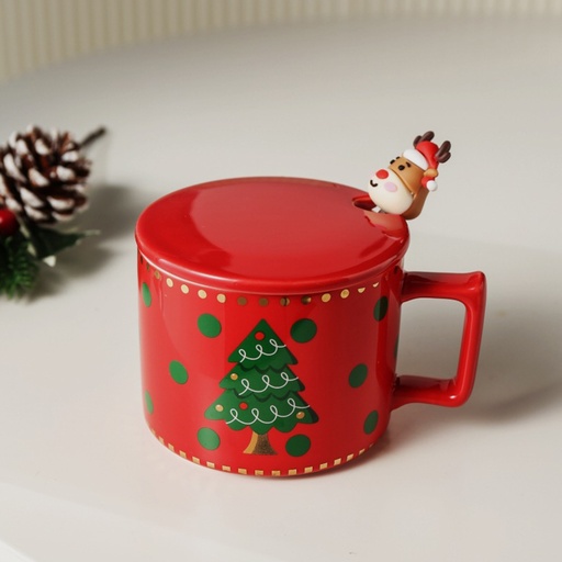 [CH25MUG6] 360 HOME CHRISTMAS MUG CERAMIC 301-400ML CERAMIC COVER+SPOON TOPPED WITH REINDEER HEAD